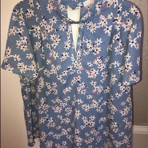 Blue Flower V-Neck Blouse